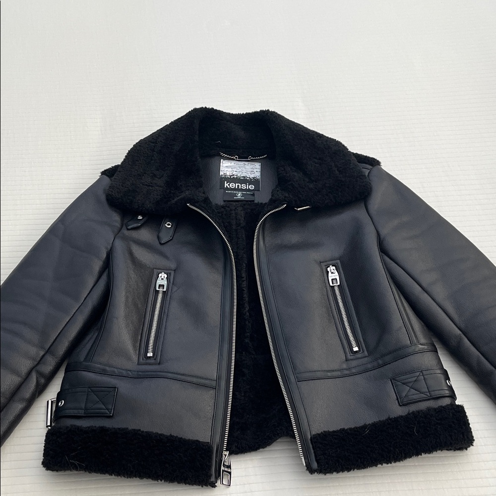 Kensie Black Faux Leather and Faux Shearling Coat with Zipper Accents